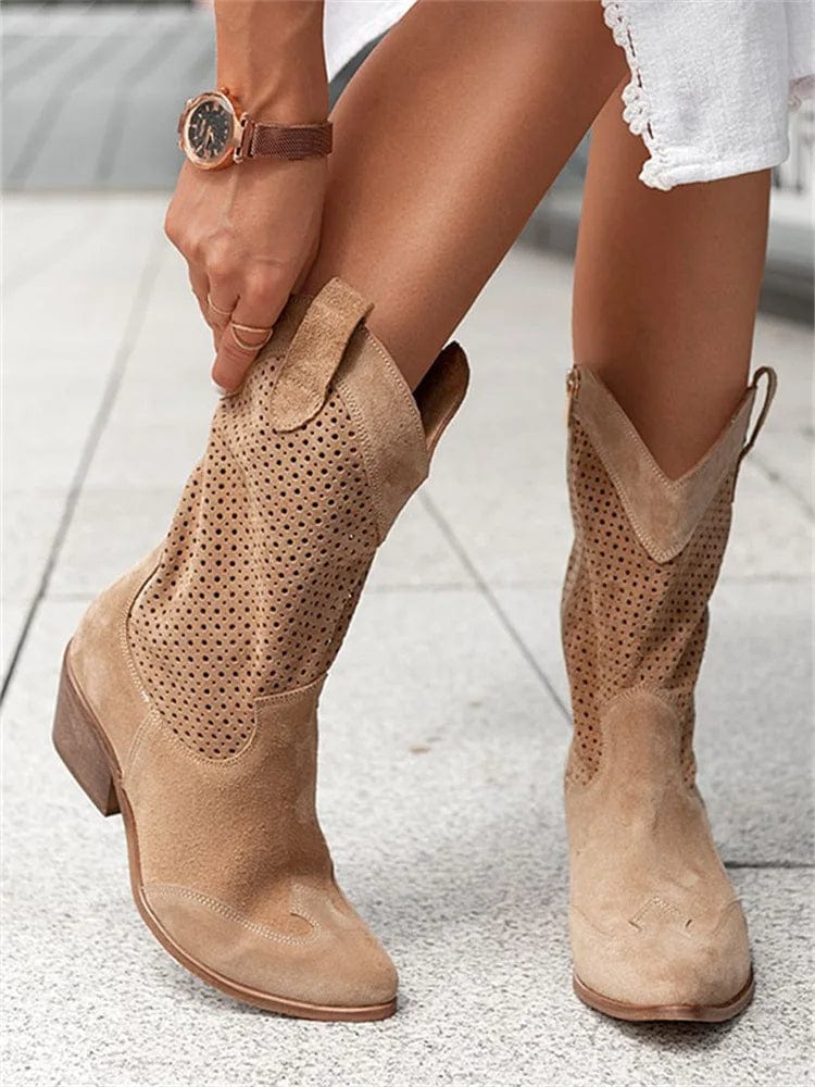 Women's Western Cowboy Boots Mid-Calf Perforated Block Heel Side Zip - Victrafia