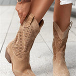 Women's Western Cowboy Boots Mid-Calf Perforated Block Heel Side Zip - Victrafia