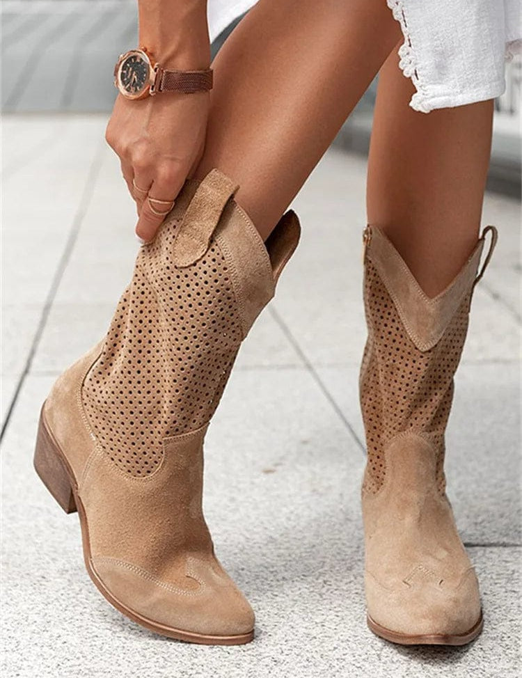 Women's Western Cowboy Boots Mid-Calf Perforated Block Heel Side Zip - Victrafia