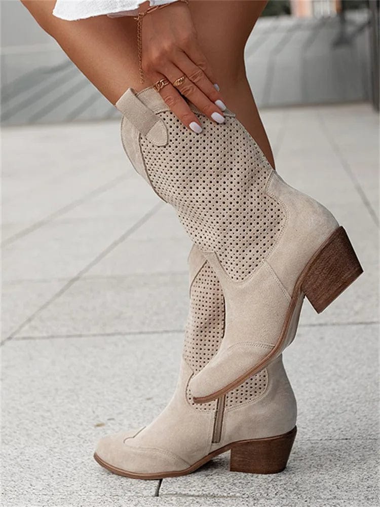 Women's Western Cowboy Boots Mid-Calf Perforated Block Heel Side Zip - Victrafia