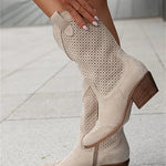 Women's Western Cowboy Boots Mid-Calf Perforated Block Heel Side Zip - Victrafia