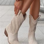 Women's Western Cowboy Boots Mid-Calf Perforated Block Heel Side Zip - Victrafia
