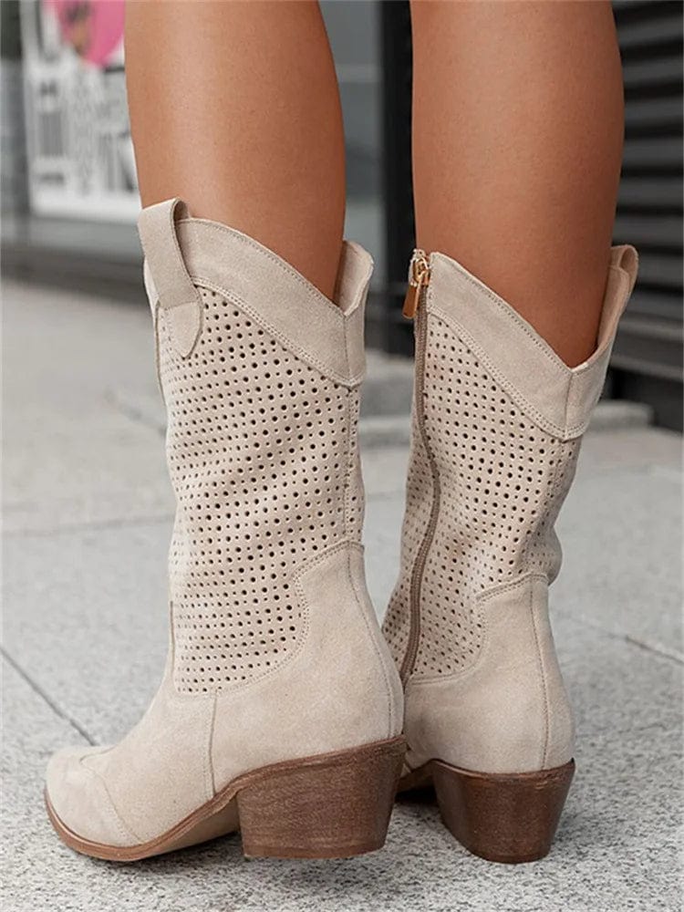 Women's Western Cowboy Boots Mid-Calf Perforated Block Heel Side Zip - Victrafia