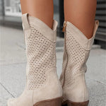Women's Western Cowboy Boots Mid-Calf Perforated Block Heel Side Zip - Victrafia