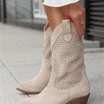 Women's Western Cowboy Boots Mid-Calf Perforated Block Heel Side Zip - Victrafia
