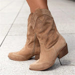 Women's Western Cowboy Boots Mid-Calf Perforated Block Heel Side Zip - Victrafia