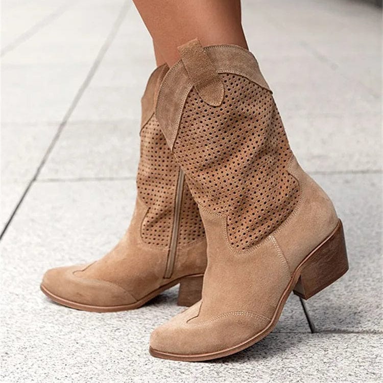 Women's Western Cowboy Boots Mid-Calf Perforated Block Heel Side Zip - Victrafia