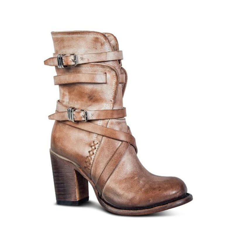 Women's Western Cowgirl Boots Mid-Calf Block Heel Buckle Strap Side Zip - Victrafia