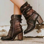 Women's Western Cowgirl Boots Mid-Calf Block Heel Buckle Strap Side Zip - Victrafia