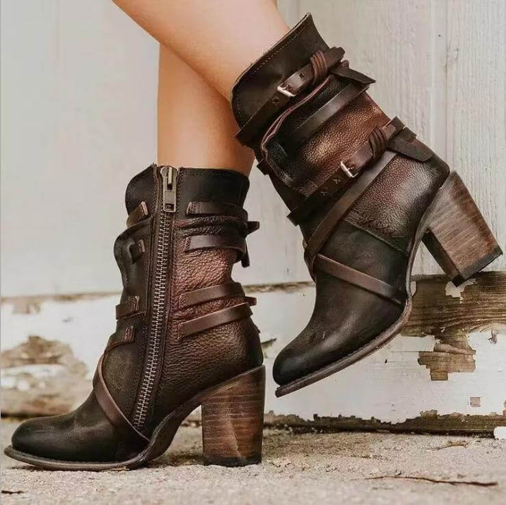 Women's Western Cowgirl Boots Mid-Calf Block Heel Buckle Strap Side Zip - Victrafia