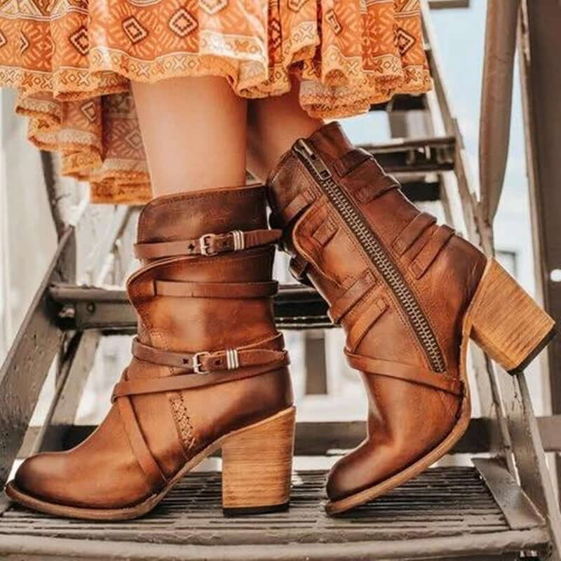 Women's Western Cowgirl Boots Mid-Calf Block Heel Buckle Strap Side Zip - Victrafia