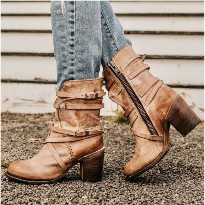 Women's Western Cowgirl Boots Mid-Calf Block Heel Buckle Strap Side Zip - Victrafia