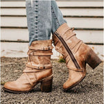 Women's Western Cowgirl Boots Mid-Calf Block Heel Buckle Strap Side Zip - Victrafia