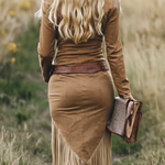 Women's Western Fringe Midi Dress Long Sleeve Zipper Lapel Cowgirl Tassel Vintage - Victrafia