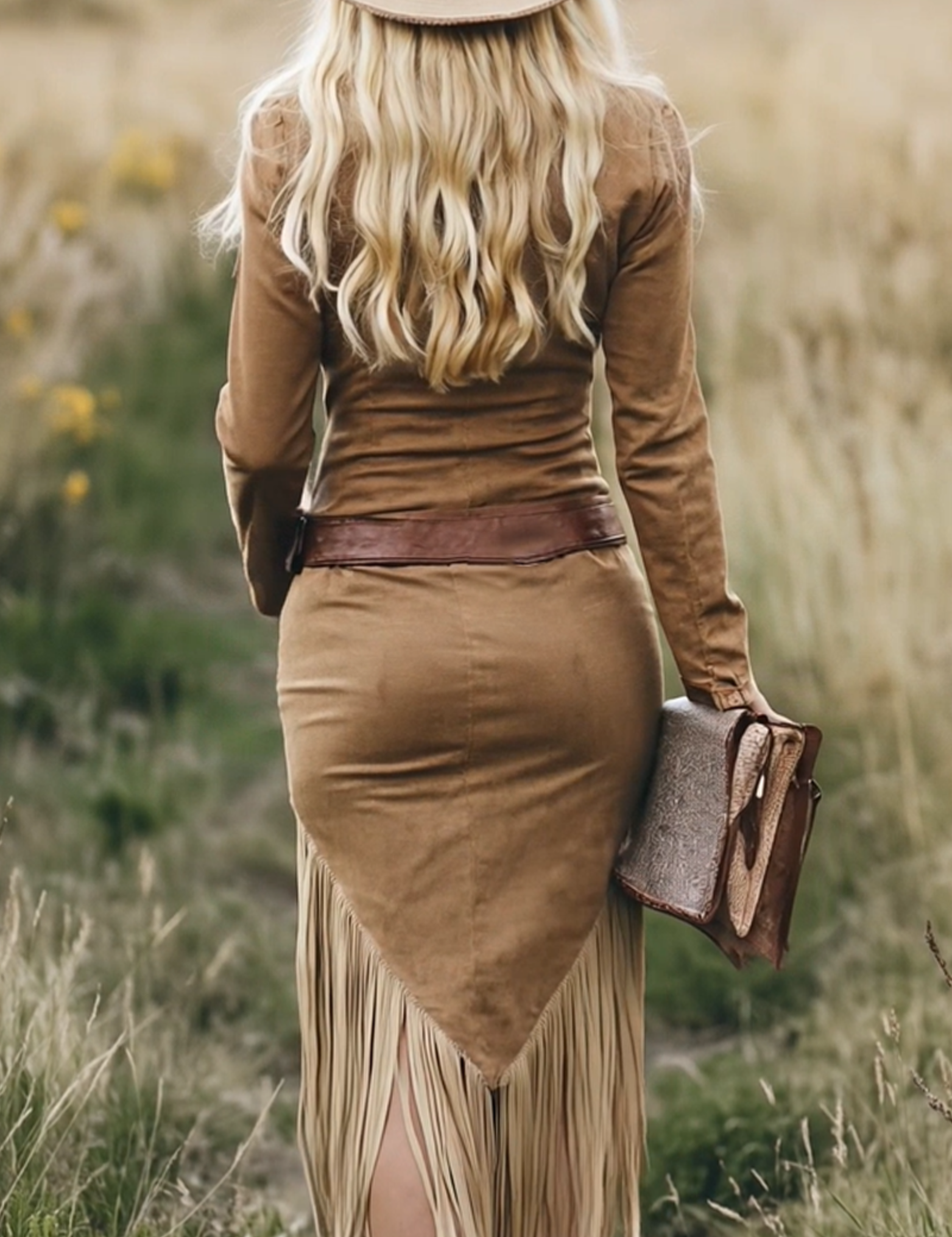 Women's Western Fringe Midi Dress Long Sleeve Zipper Lapel Cowgirl Tassel Vintage - Victrafia