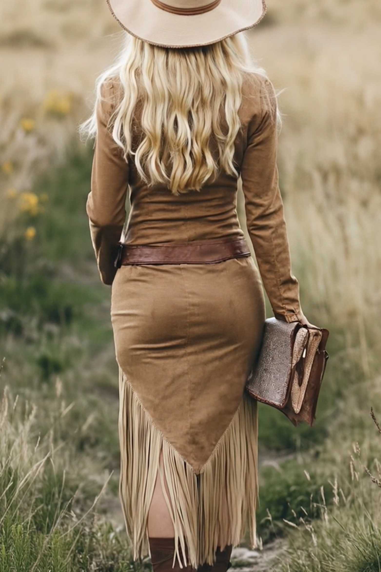 Women's Western Fringe Midi Dress Long Sleeve Zipper Lapel Cowgirl Tassel Vintage - Victrafia
