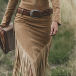 Women's Western Fringe Midi Dress Long Sleeve Zipper Lapel Cowgirl Tassel Vintage - Victrafia