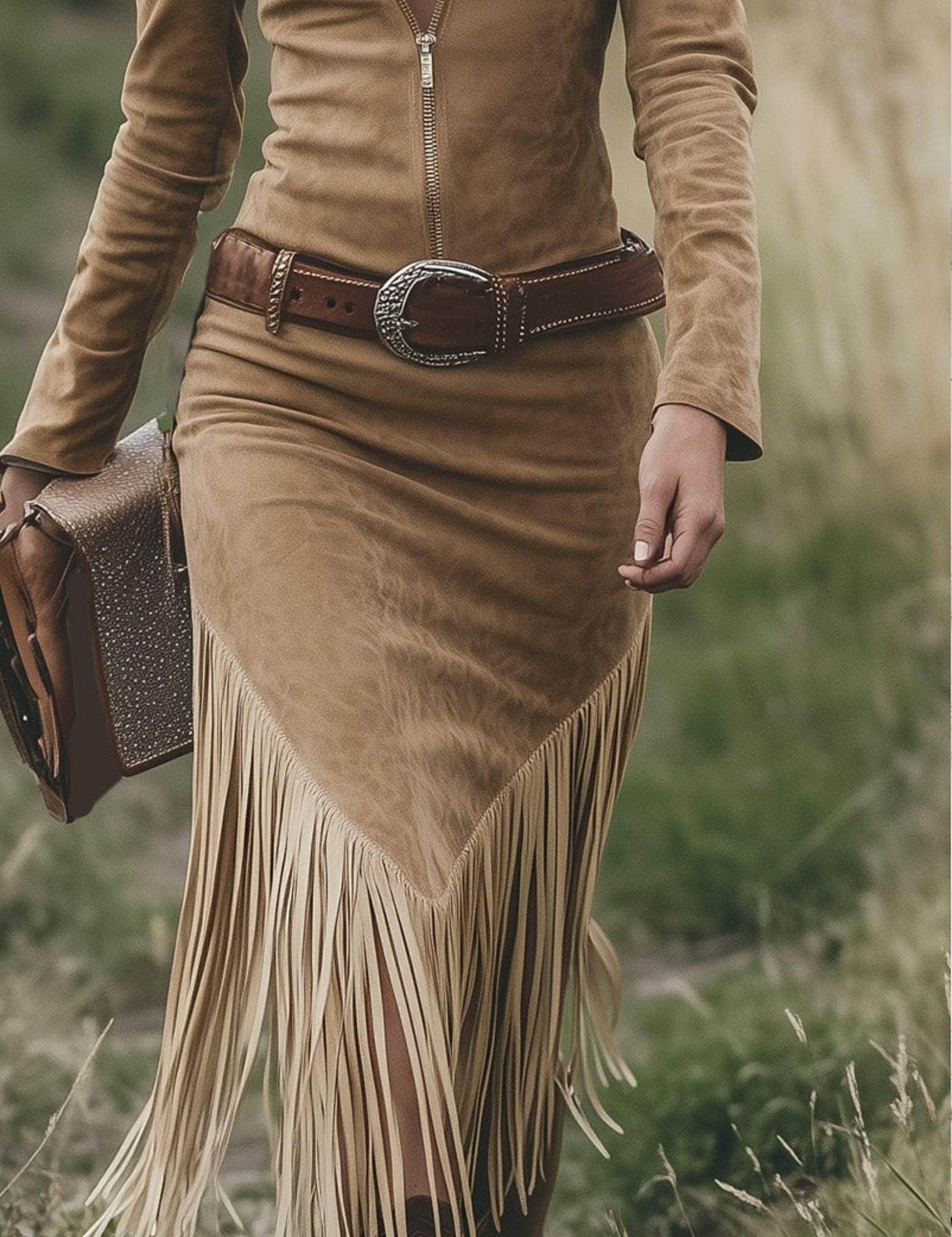 Women's Western Fringe Midi Dress Long Sleeve Zipper Lapel Cowgirl Tassel Vintage - Victrafia