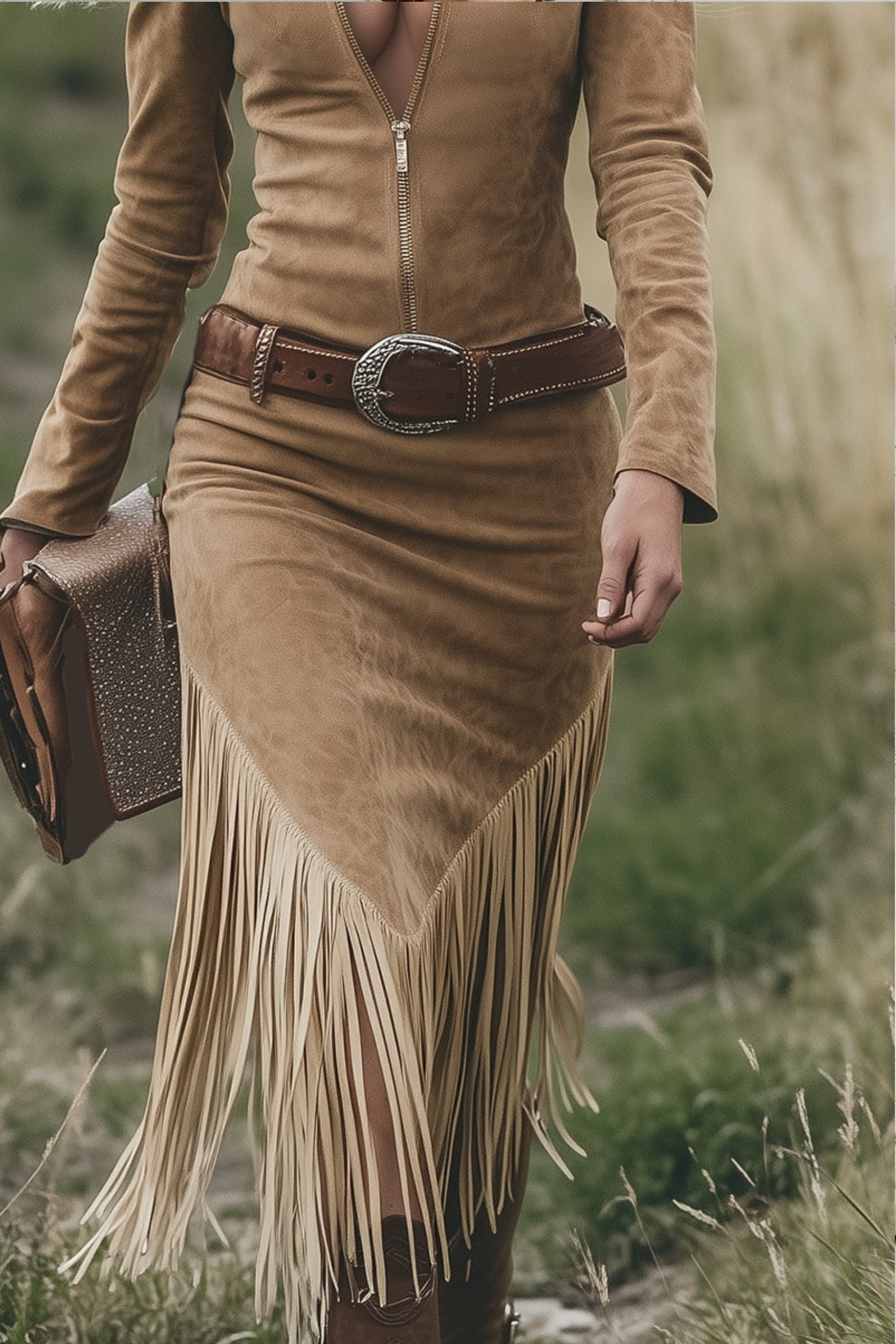 Women's Western Fringe Midi Dress Long Sleeve Zipper Lapel Cowgirl Tassel Vintage - Victrafia