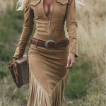 Women's Western Fringe Midi Dress Long Sleeve Zipper Lapel Cowgirl Tassel Vintage - Victrafia