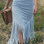 Women's Western Fringe Midi Dress Long Sleeve Zipper Lapel Cowgirl Tassel Vintage - Victrafia