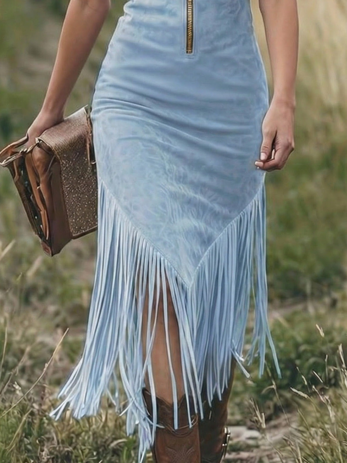 Women's Western Fringe Midi Dress Long Sleeve Zipper Lapel Cowgirl Tassel Vintage - Victrafia