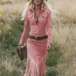 Women's Western Fringe Tassel Midi Dress Long Sleeve Zipper Belted Cowgirl Country Concert Festival - Victrafia