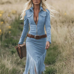 Women's Western Fringe Tassel Midi Dress Long Sleeve Zipper Belted Cowgirl Country Concert Festival - Victrafia