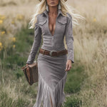 Women's Western Fringe Tassel Midi Dress Long Sleeve Zipper Belted Cowgirl Country Concert Festival - Victrafia