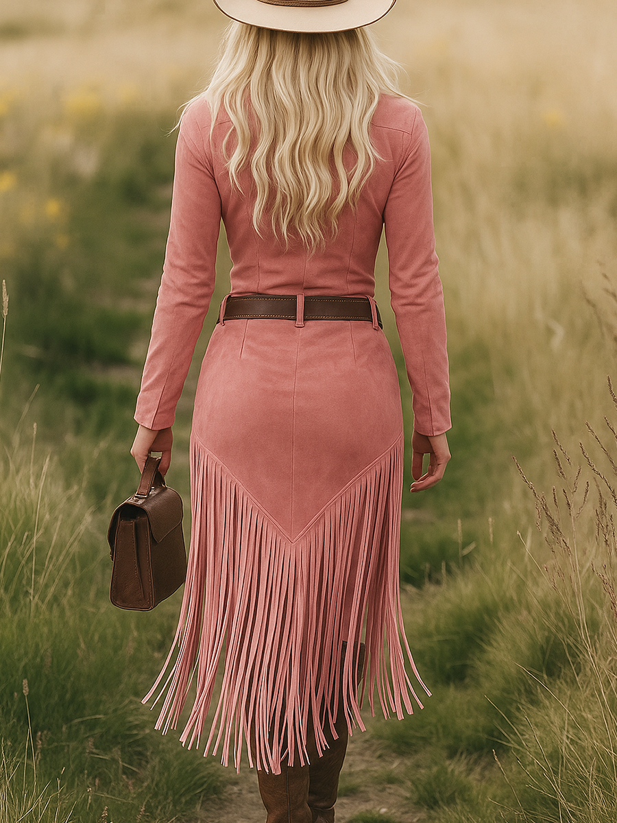 Women's Western Fringe Tassel Midi Dress Long Sleeve Zipper Belted Cowgirl Country Concert Festival - Victrafia