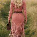 Women's Western Fringe Tassel Midi Dress Long Sleeve Zipper Belted Cowgirl Country Concert Festival - Victrafia