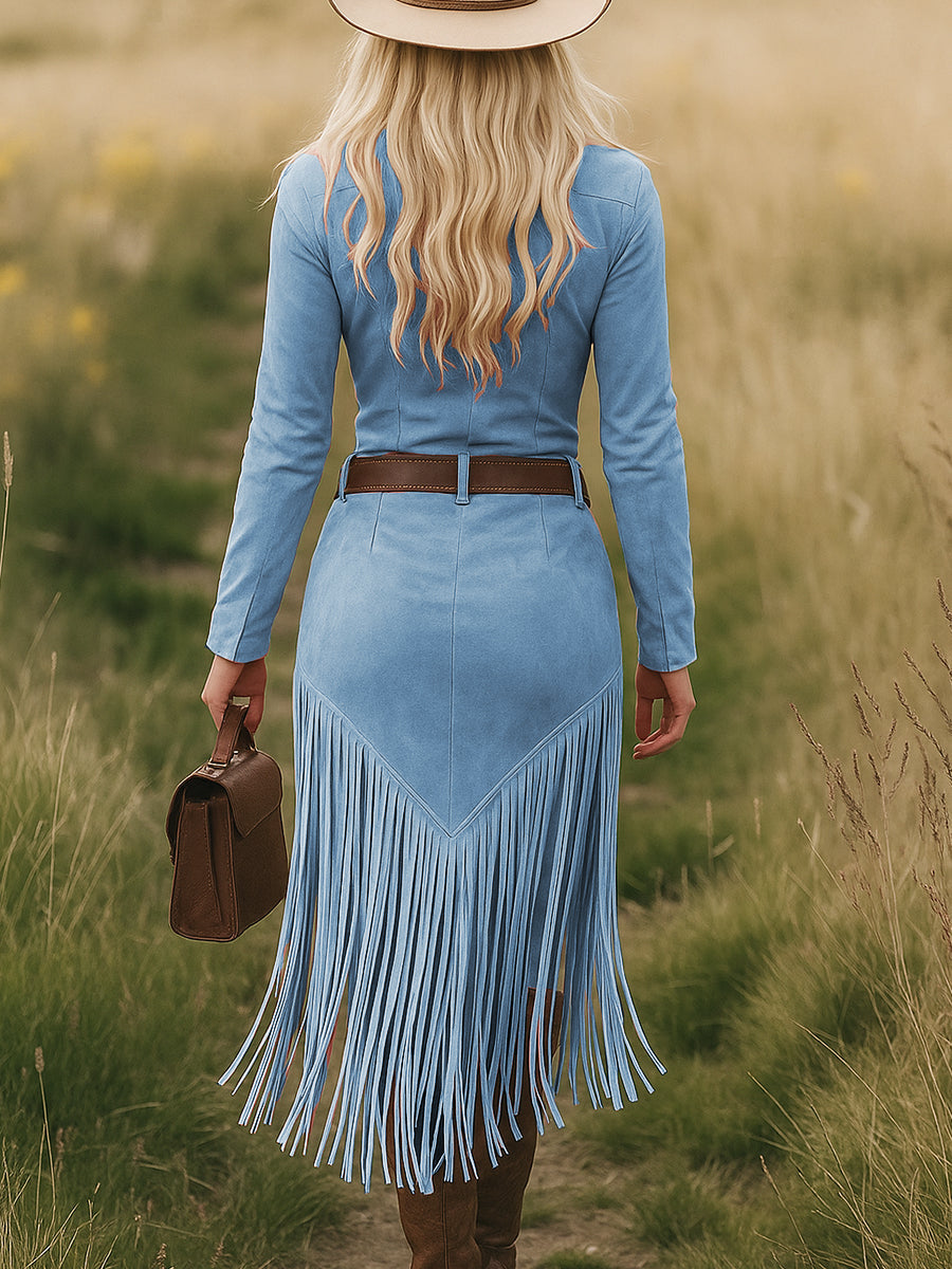 Women's Western Fringe Tassel Midi Dress Long Sleeve Zipper Belted Cowgirl Country Concert Festival - Victrafia