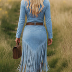 Women's Western Fringe Tassel Midi Dress Long Sleeve Zipper Belted Cowgirl Country Concert Festival - Victrafia