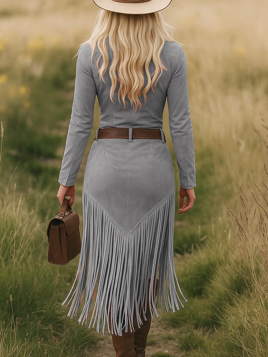 Women's Western Fringe Tassel Midi Dress Long Sleeve Zipper Belted Cowgirl Country Concert Festival - Victrafia
