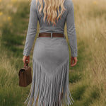 Women's Western Fringe Tassel Midi Dress Long Sleeve Zipper Belted Cowgirl Country Concert Festival - Victrafia