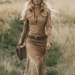 Women's Western Fringe Tassel Midi Dress Long Sleeve Zipper Belted Cowgirl Country Concert Festival - Victrafia