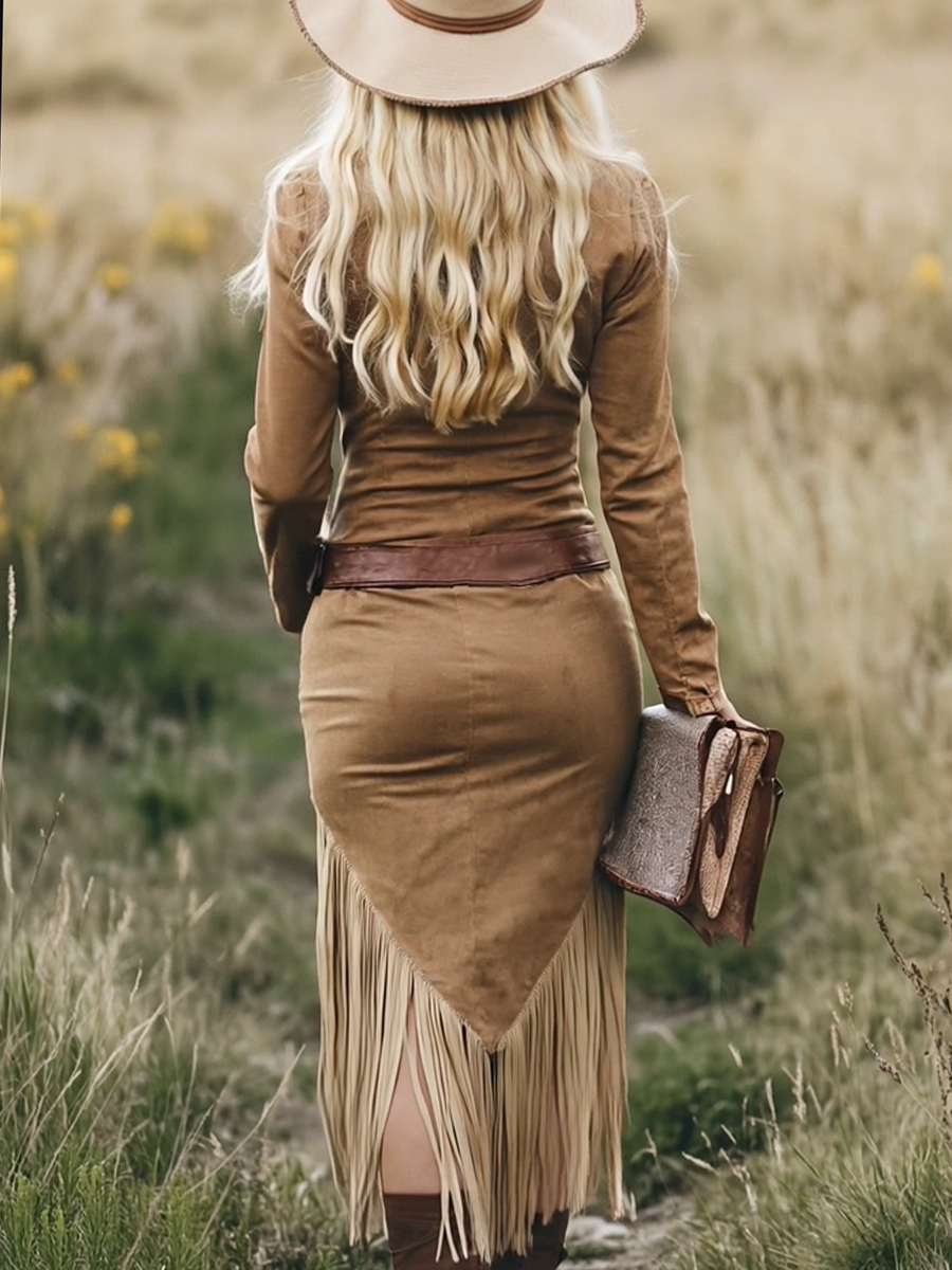 Women's Western Fringe Tassel Midi Dress Long Sleeve Zipper Belted Cowgirl Country Concert Festival - Victrafia