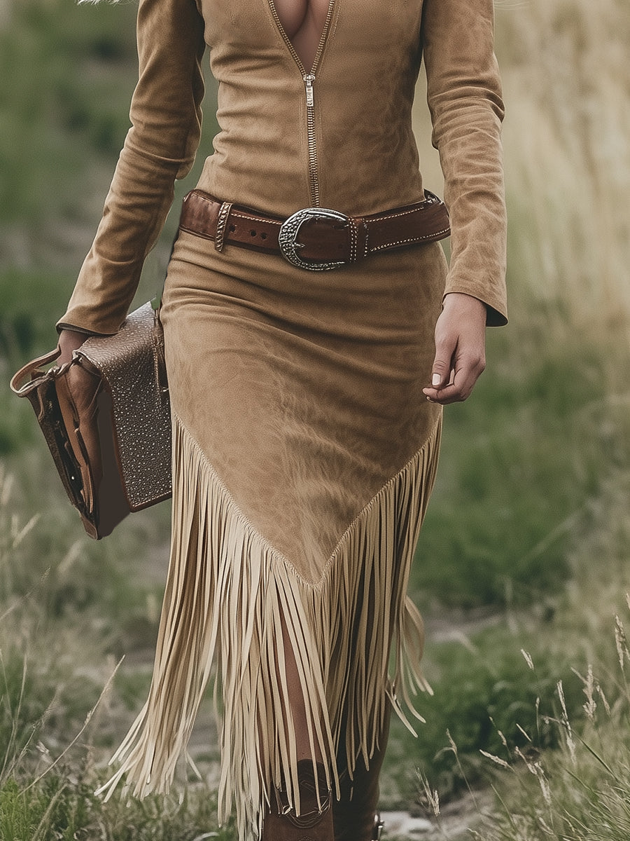Women's Western Fringe Tassel Midi Dress Long Sleeve Zipper Belted Cowgirl Country Concert Festival - Victrafia