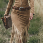 Women's Western Fringe Tassel Midi Dress Long Sleeve Zipper Belted Cowgirl Country Concert Festival - Victrafia