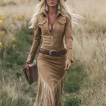 Women's Western Fringe Tassel Midi Dress Long Sleeve Zipper Belted Cowgirl Country Concert Festival - Victrafia