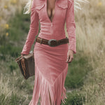 Women's Western Fringe Tassel Midi Dress Long Sleeve Zipper Belted Cowgirl Country Concert Festival - Victrafia