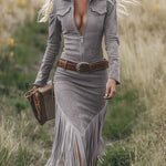 Women's Western Fringe Tassel Midi Dress Long Sleeve Zipper Belted Cowgirl Country Concert Festival - Victrafia