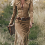 Women's Western Fringe Tassel Midi Dress Long Sleeve Zipper Belted Cowgirl Country Concert Festival - Victrafia