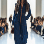 Women's Wide-Leg Denim Jumpsuit Long Sleeve Zip-Front Red Topstitching Retro Casual - Victrafia