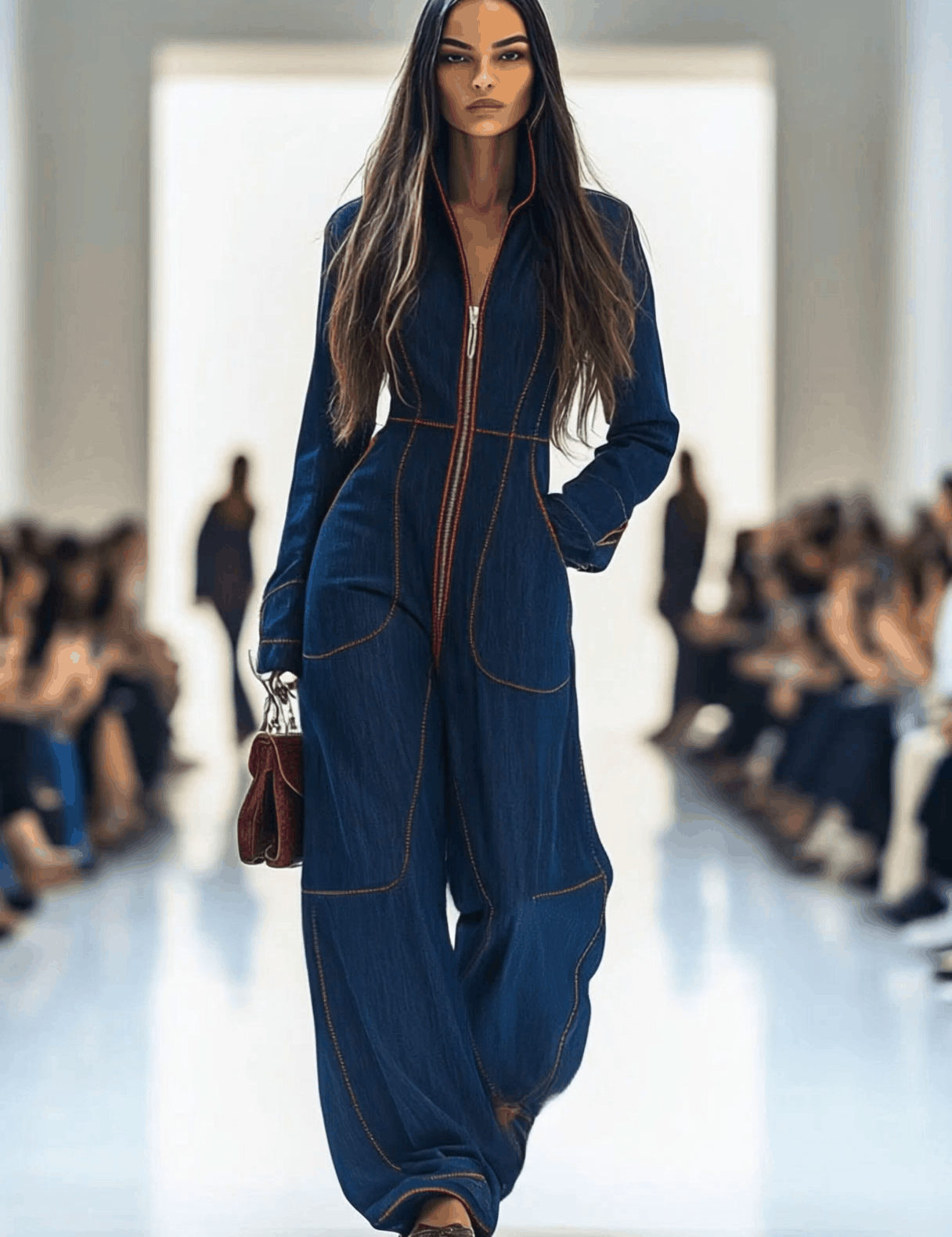 Women's Wide-Leg Denim Jumpsuit Long Sleeve Zip-Front Red Topstitching Retro Casual - Victrafia