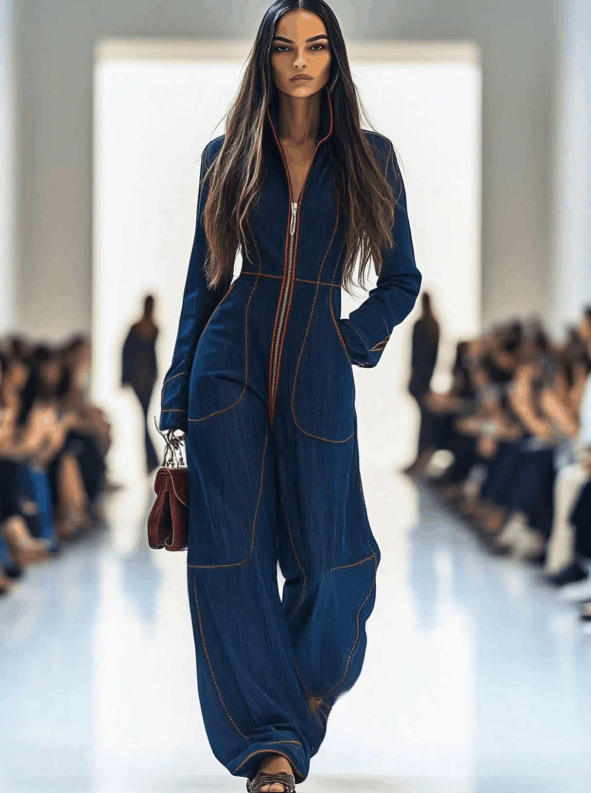 Women's Wide-Leg Denim Jumpsuit Long Sleeve Zip-Front Red Topstitching Retro Casual - Victrafia