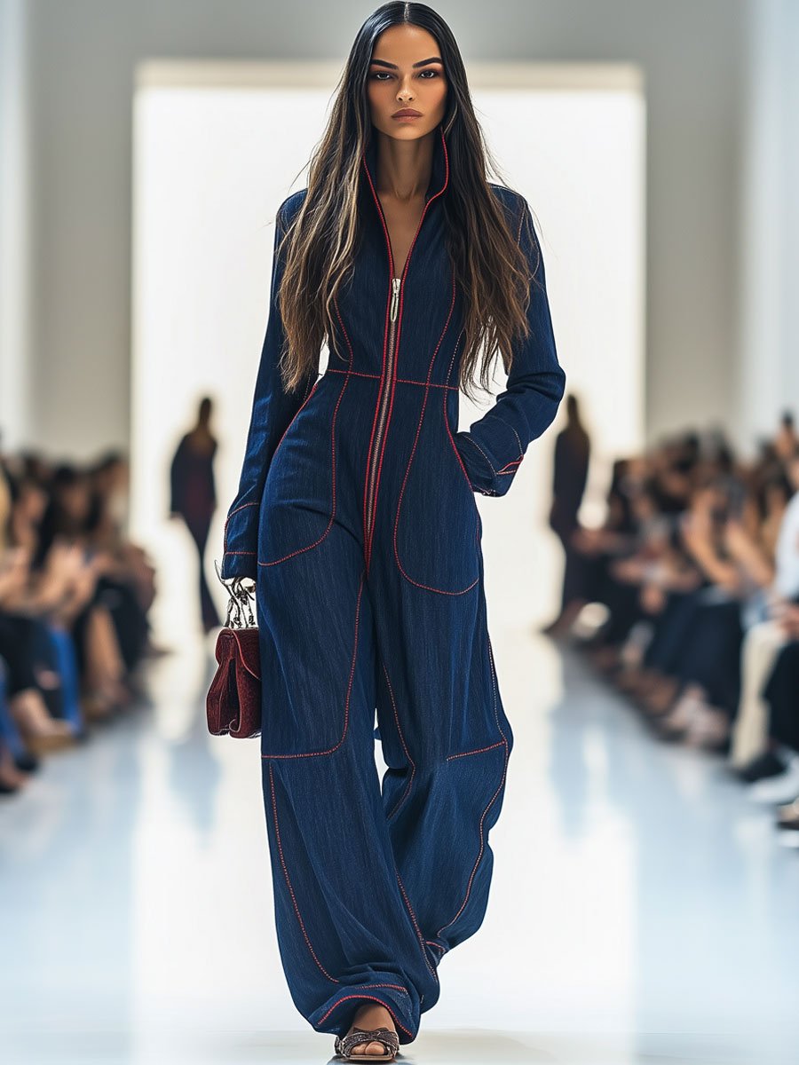 Women's Wide-Leg Denim Jumpsuit Long Sleeve Zip-Front Red Topstitching Retro Casual - Victrafia
