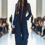 Women's Wide-Leg Denim Jumpsuit Long Sleeve Zip-Front Red Topstitching Retro Casual - Victrafia