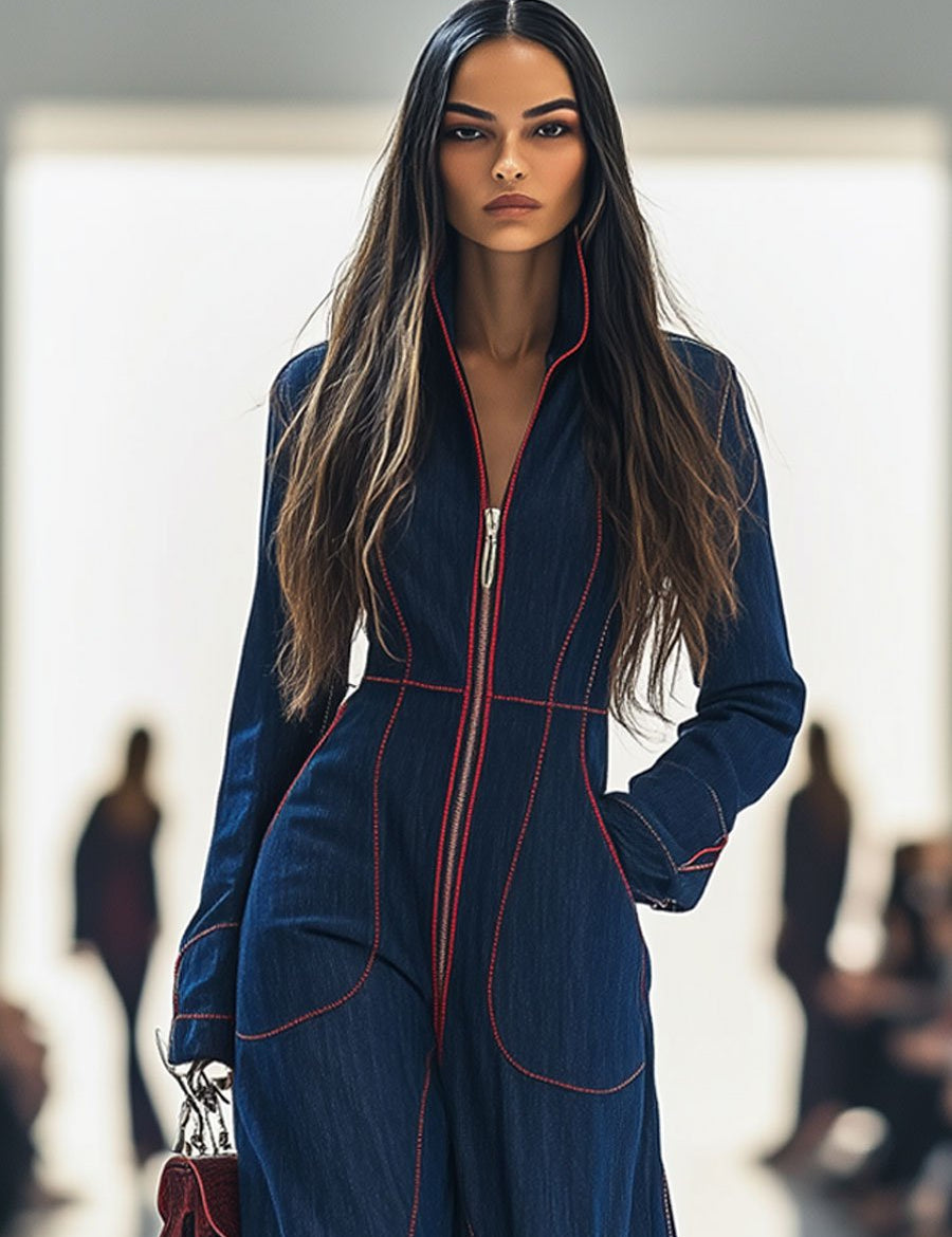 Women's Wide-Leg Denim Jumpsuit Long Sleeve Zip-Front Red Topstitching Retro Casual - Victrafia