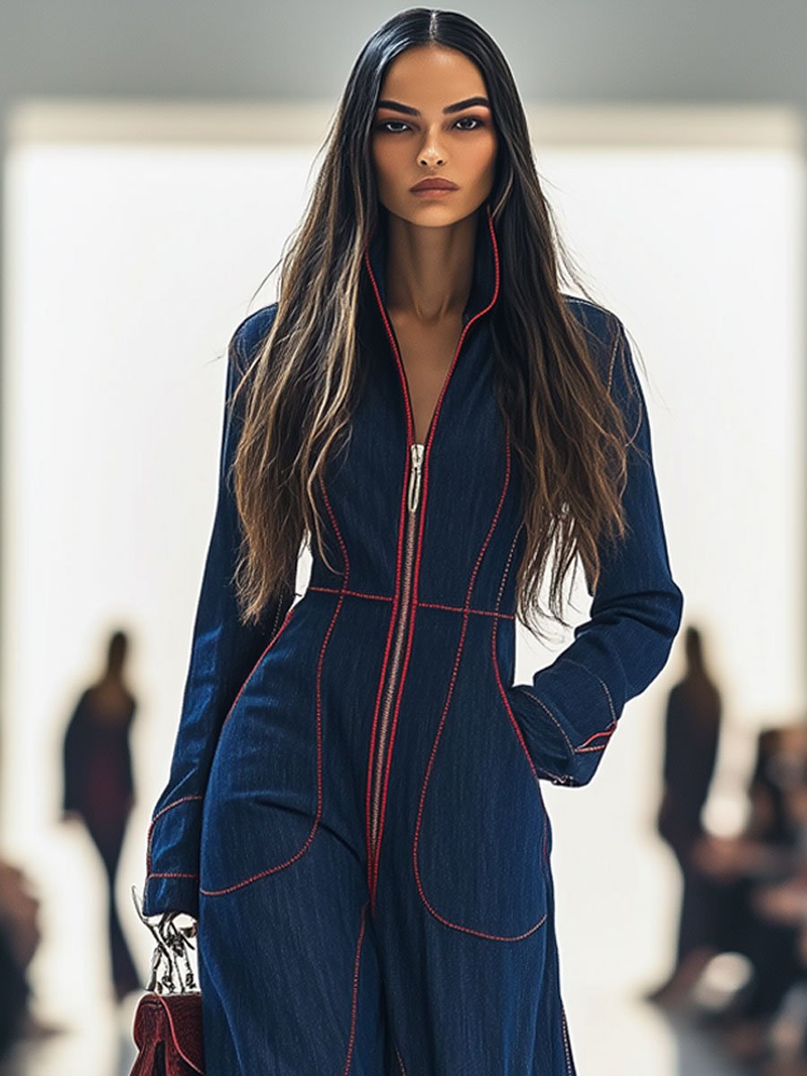 Women's Wide-Leg Denim Jumpsuit Long Sleeve Zip-Front Red Topstitching Retro Casual - Victrafia